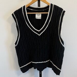 Abercrombie & Fitch Black Cable Knit Sweater Vest White Trim Preppy Academia XXL